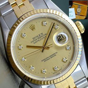 ROLEX MENS DATEJUST WATCH GOLD STEEL FACTORY CHAMPAGNE DIAL FLUTED 36MM 16233